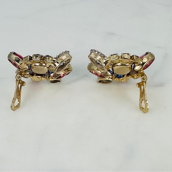 Vintage 1950s Brooch & Clip Earrings Set Amethyst & Frosted Rhinestone Marquise - Picture 8 of 15